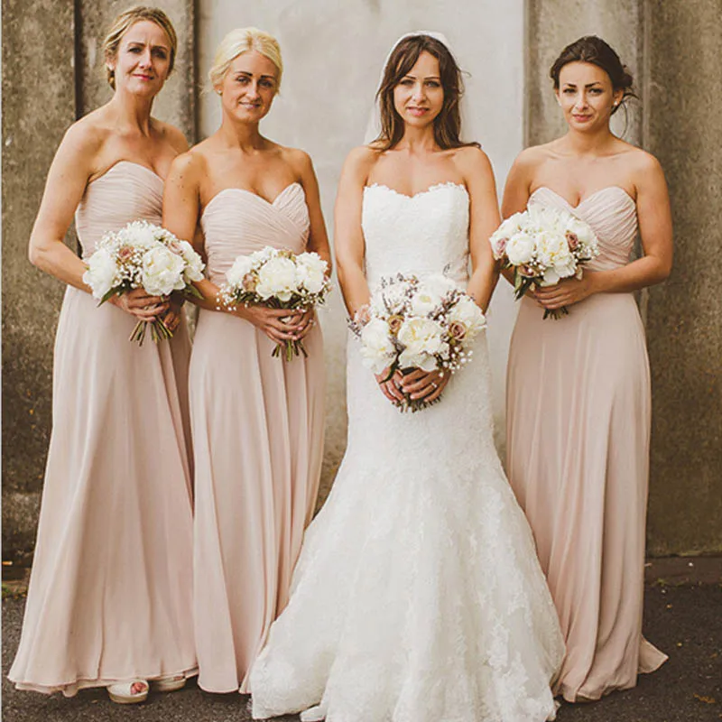 Cheap High Quality Bridemaids Dresses A Line Blush Sweetheart Neckline Sleeveless Ruched Chiffon Long Floor Length Maid of Honor Gowns