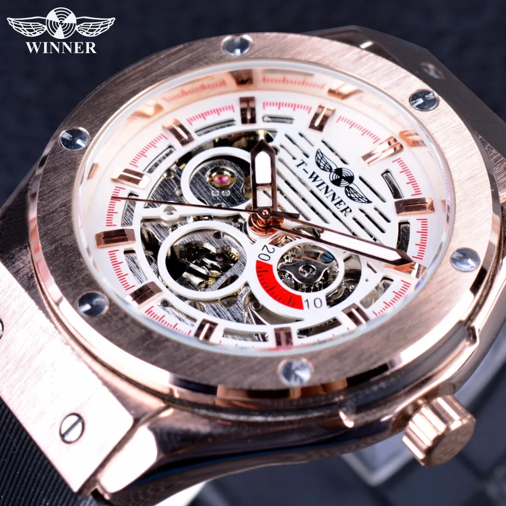 Winner Sport serie de lujo mate exfoliante banda de goma de silicona reloj de hombre marca superior de lujo automático esqueleto reloj de pulsera para hombre reloj