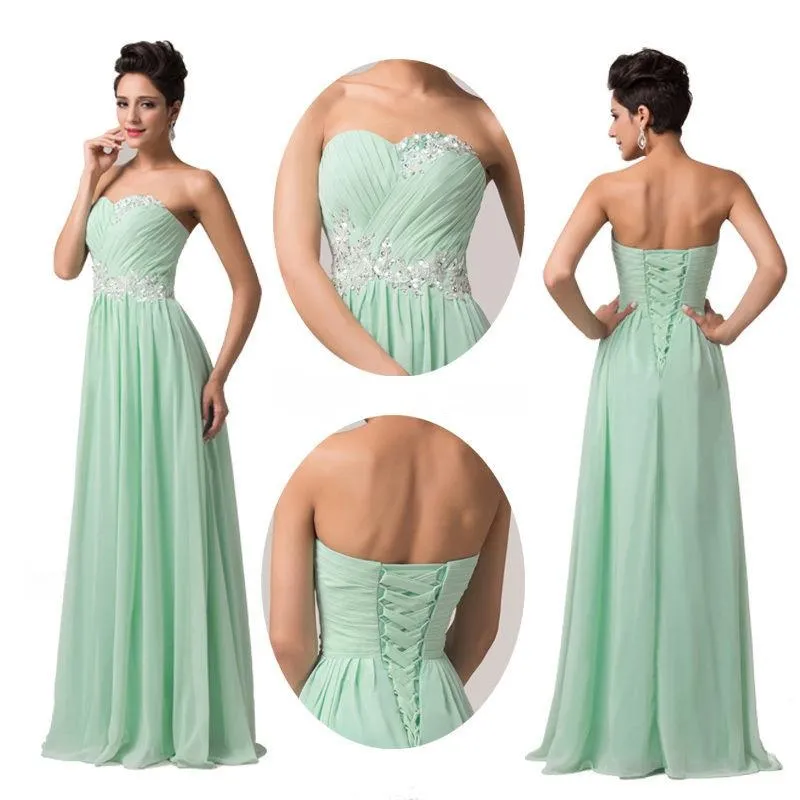 새로운 Arrivel Prom Dresses Strapless Ivory Applique 스팽글 층 길이 A 라인 시폰 신부 들러리 드레스