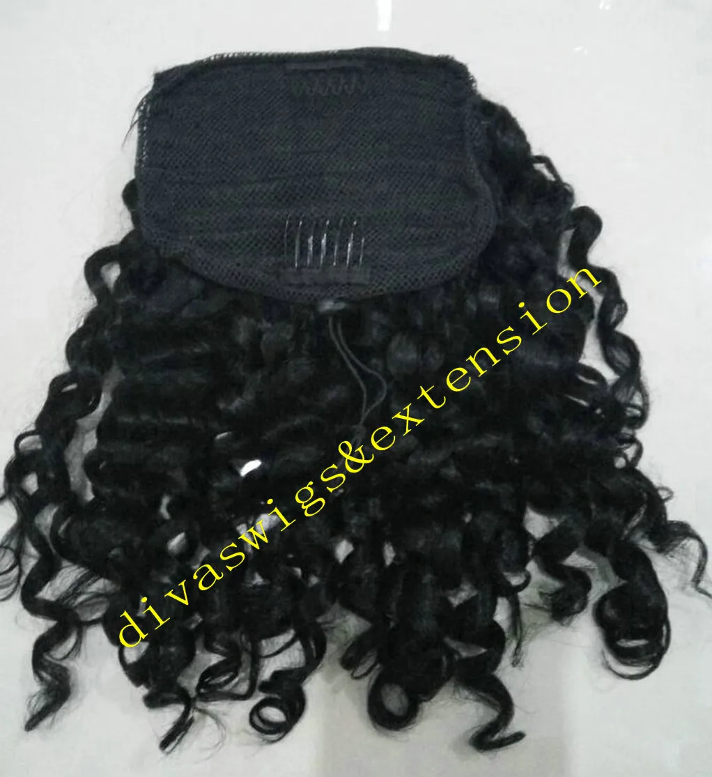 Side part afro puffs black clip in romatic curly brazilian virgin hair drawstring ponytail hair extensions 120g