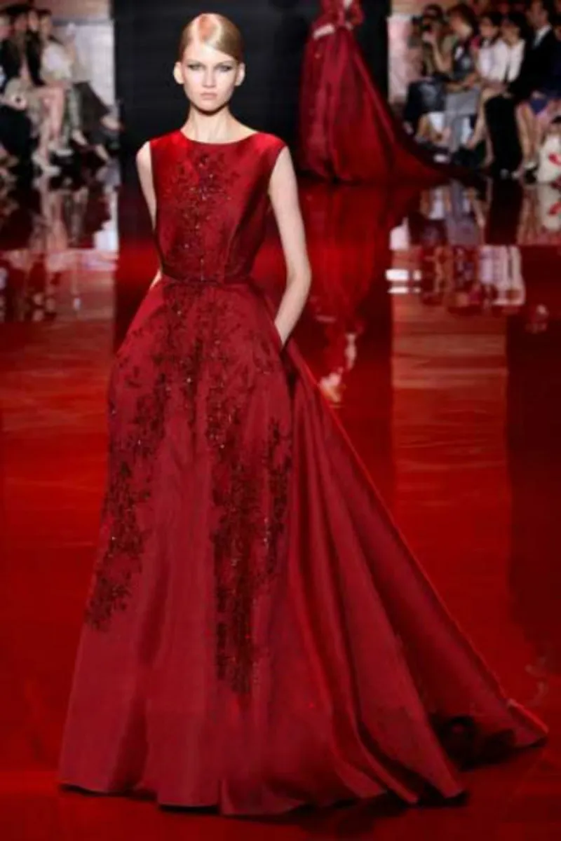 Elie Saab Fashion new word shoulder Evening Dresses China toast wine red bride Evening dress car carpet Online