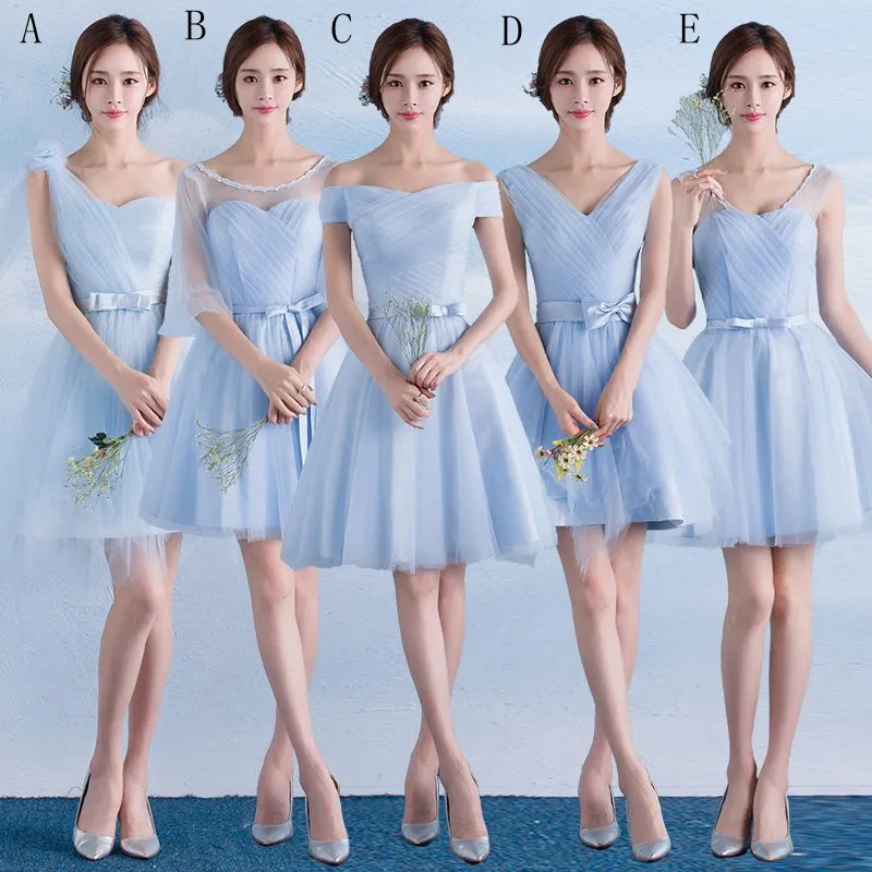 Bir Omuz Yumuşak Tül Kısa Nedime Elbisesi Yay Gökyüzü Ile Mavi 2016 Diz Boyu Düğün Konuk Elbise 5 Stil Karışık Sipariş