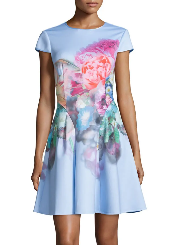 Blomma Tryck Kvinnor A-Line Dress Cap-Sleeve Mini Casual Dresses 072013