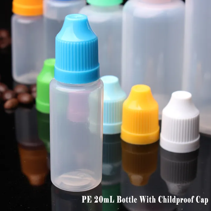 الزجاجات البلاستيكية بالجملة e سائل 20 مل قبعات أمان ملونة مقاومة للطفل وملفات زجاجية طرف رفيعة طويلة Elifled Dropper 20 مل