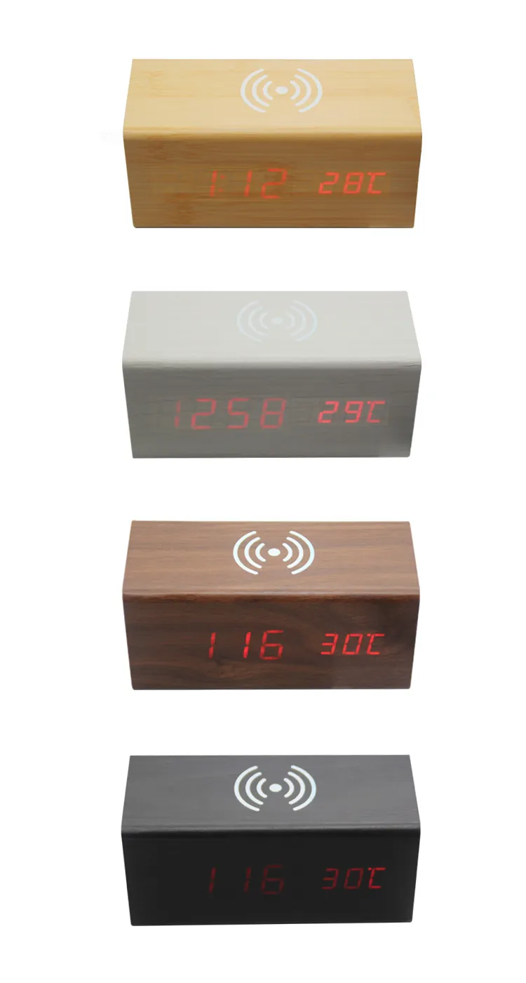 Multifunktionaler Holzwecker, kabelloses Ladegerät, Holzwürfel, LED-Wecker, Thermometer, Timer, Kalender, kabelloses QI-Laden für Smartphones