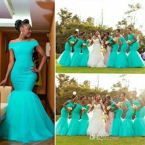 2020 pas cher Afrique sirène longues robes de demoiselle d'arrêt doit Turquoise Monnaie Tulle Dentelle Taille Plus Pucelle Appliques d'honneur Party Robes de mariée