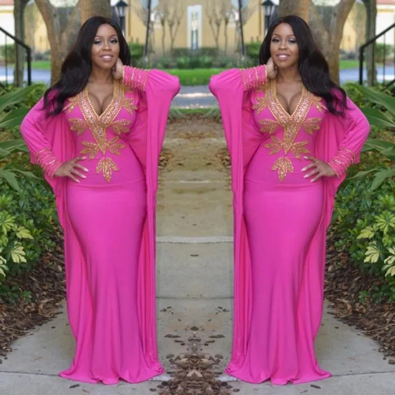 Hot Pink Aso Ebi Style Women Evening Dresses 2017 v Neck Gold Applique Beaded Long Sleeve Prom Dresses Mermaid Plus Size Formal Wear