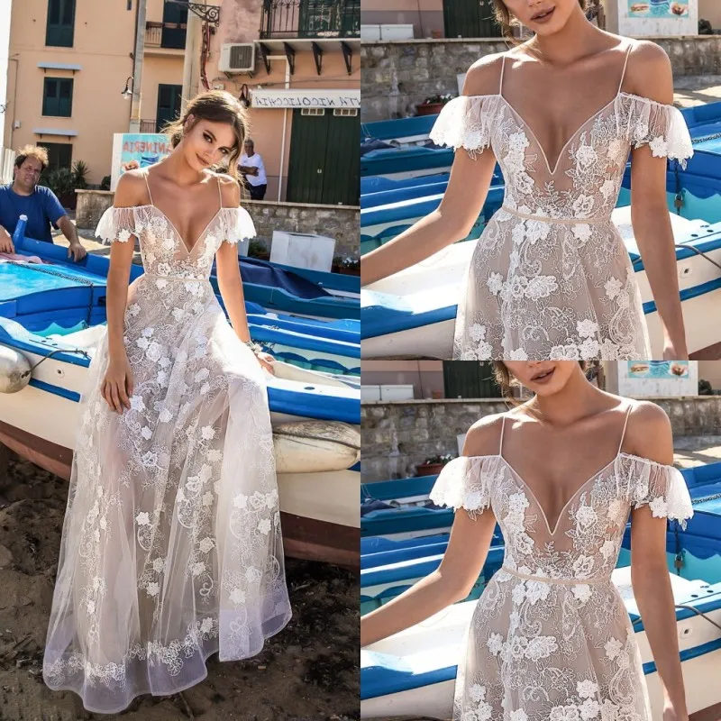 Sexig Spaghetti Off Shoulder Berta Bröllopsklänningar 2018 Ny ankomst Backless Lace Appliqued A Line Country Garden Bridal Gowns