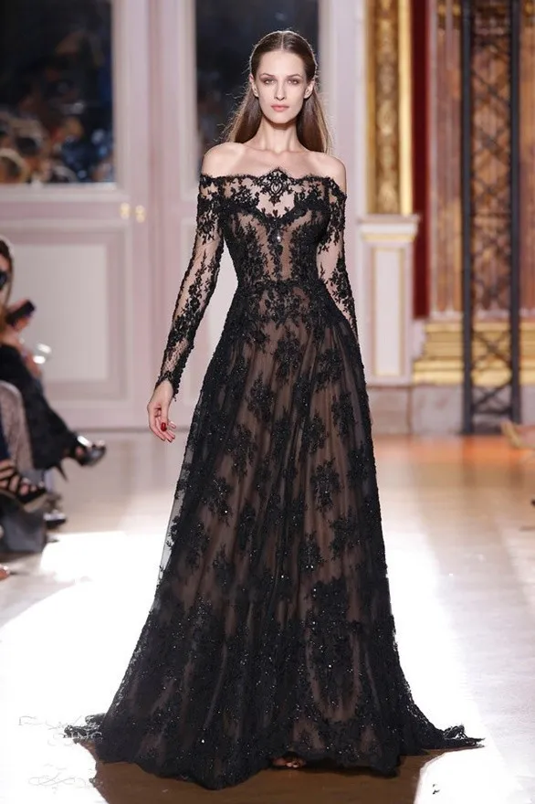 Black Lace Zuhair Murad Evening Dresses Long Sleeve Off the Should A Line Evening Party -klänningar Vestido de Festa Longo Haute Couture247e