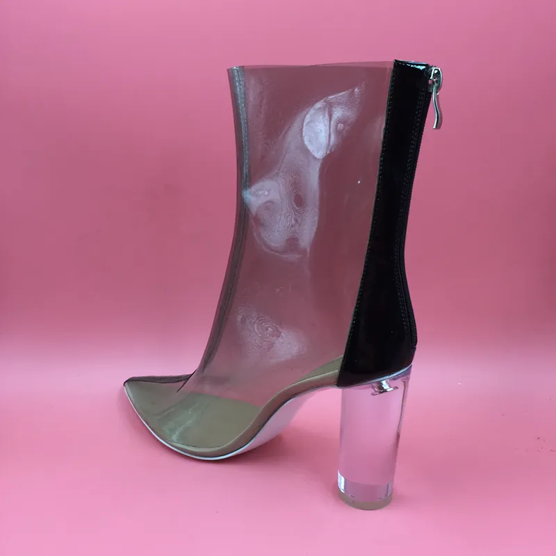 Sapatos De Casamento De Plástico transparente Botas Apontou Toe Tornozelo Alta Mulheres Botas Curtas Voltar Zipper Personalizado Color Block Saltos Saltos Robusto Claro