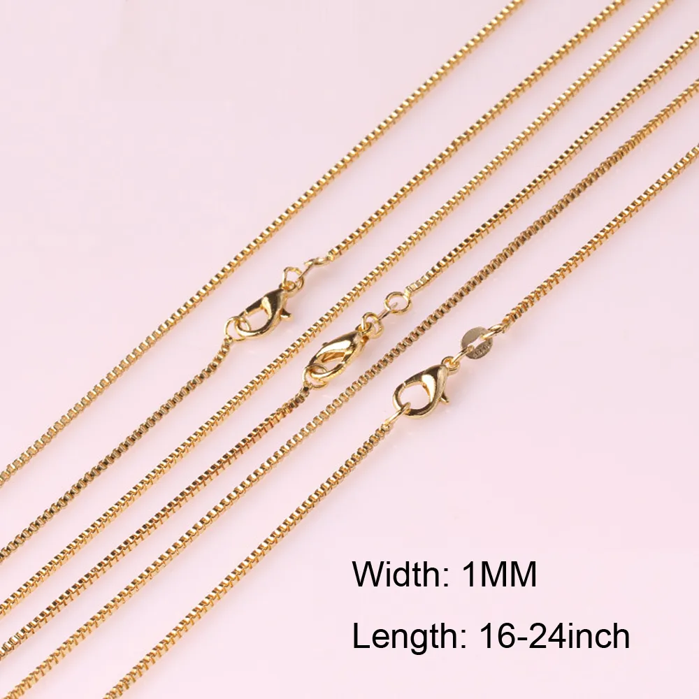 Wholesale Fashion Box Chain 18K Gold Plated Chains Pure 925 Silver Necklace long Chains Jewelry for Children Boy Girls Womens Mens 1mm 16/18/20/22/24inch