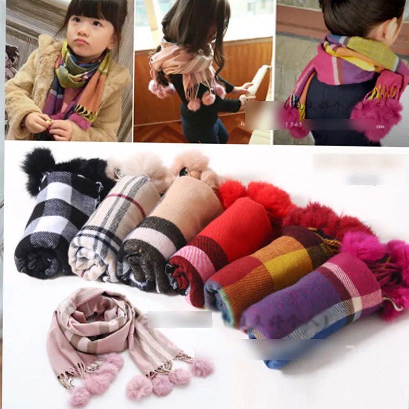 Vente chaude Mode Écharpe Classique Filles Écharpe D'hiver À Carreaux nouveau coton Boule Glands Enfants Foulards Enfants Enfant Écharpe Enfants Porter A7553