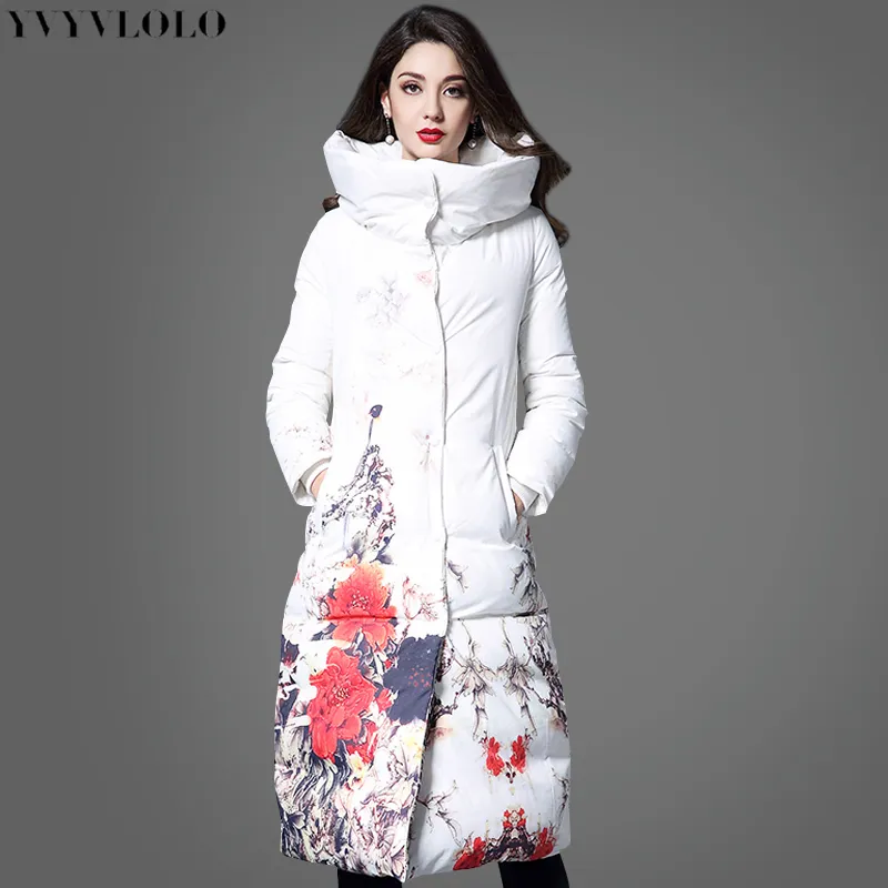 Wholesale- 2017 International brand Flower printing women winter jacket Long slim women Parka Coat White high collar warm Down jackets