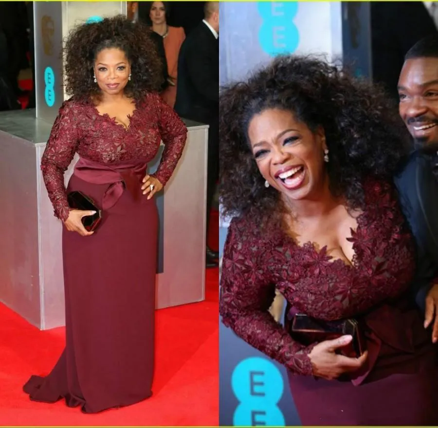 Oprah Winfrey Burgundy Długie rękawy Sexy Matka panny młodej Suknie V-Neck Sheer Koronki Płaszcz Plus Size Celebrity Red Carpet Suknie Wieczorowe