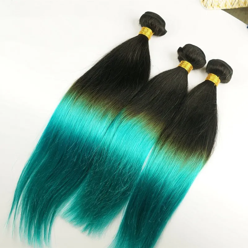 9A Peruvian 1B Teal Two Tone Human Virgin Hair Bundles Silky Straight Extensions Dark Roots Teal Green Ombre Human Hair Weaves