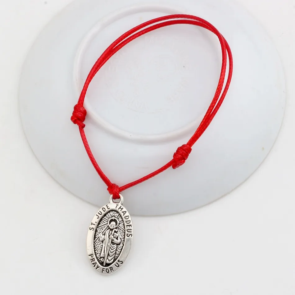 MIC 50 Stk Verstellbare Armbänder Rote Wachse Seil Antikes Silber Legierung ST. JUDE THADDEUS Jesus Oval Medal Charm verstellbares Armband B-31