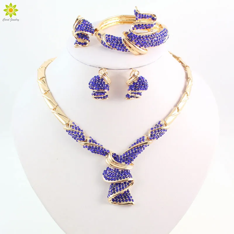 Fashion High Quality Nigerian Wedding African Beads Jewelry Sets Blue Crystal Dubai Gold Plated Big Jewelry Sets Costume