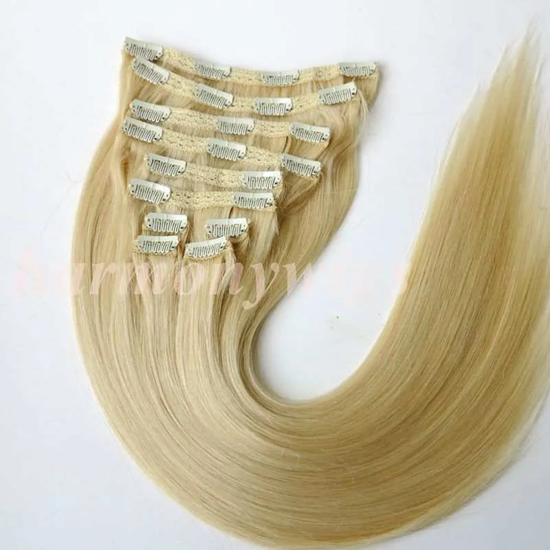 160G 10 stks / set Clip in haarverlenging Menselijk Haar # 613 / Bleach Blonde 20 22 inch rechte Braziliaanse haarextensies