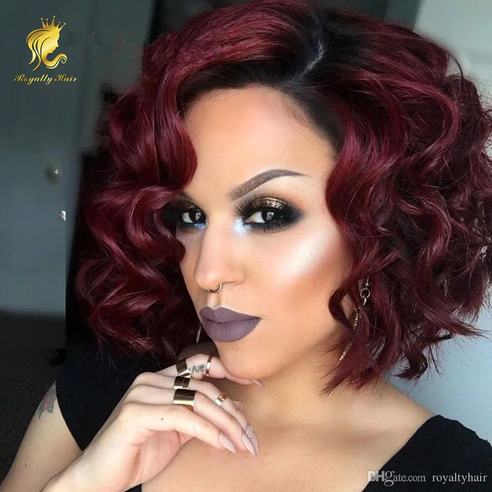 Bob Style Curly Ombre Bungundy Lace Front Wig Short Bob Glueless
