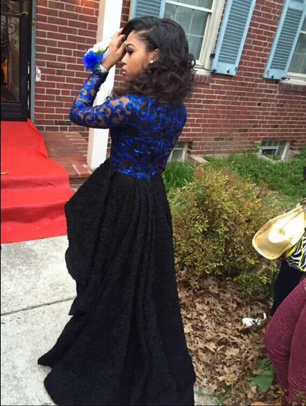 Hi-Lo Long Sleeve Lace Prom Klänningar Royal Blue V Neck Party Dresses 8th Grade African Graduation Dress Evening Dress High Low Vestido Longo