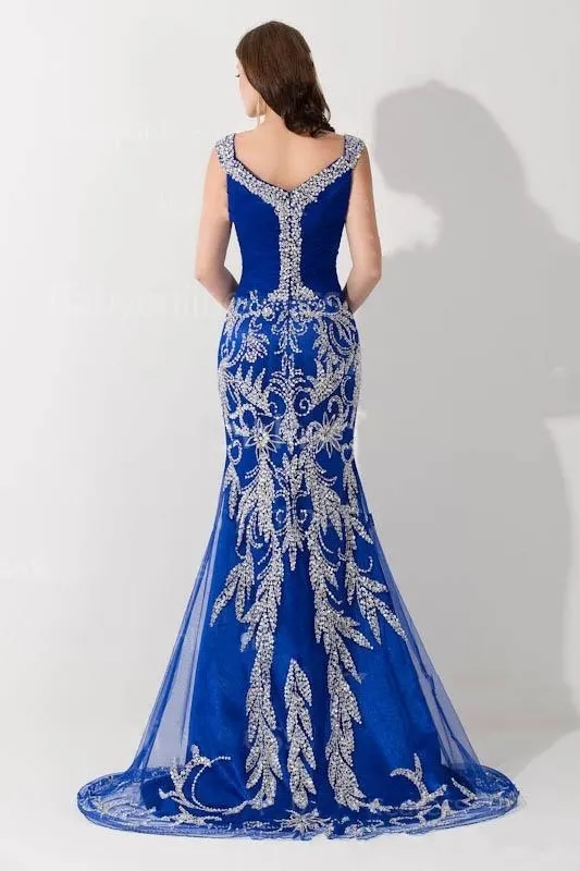 Mermaid Evening Dresses 2023 Luxury Designer Prom Dress Off the Shoulder Crystal Sequined Bling Royal Blue Tulle Formal Pageant Gowns