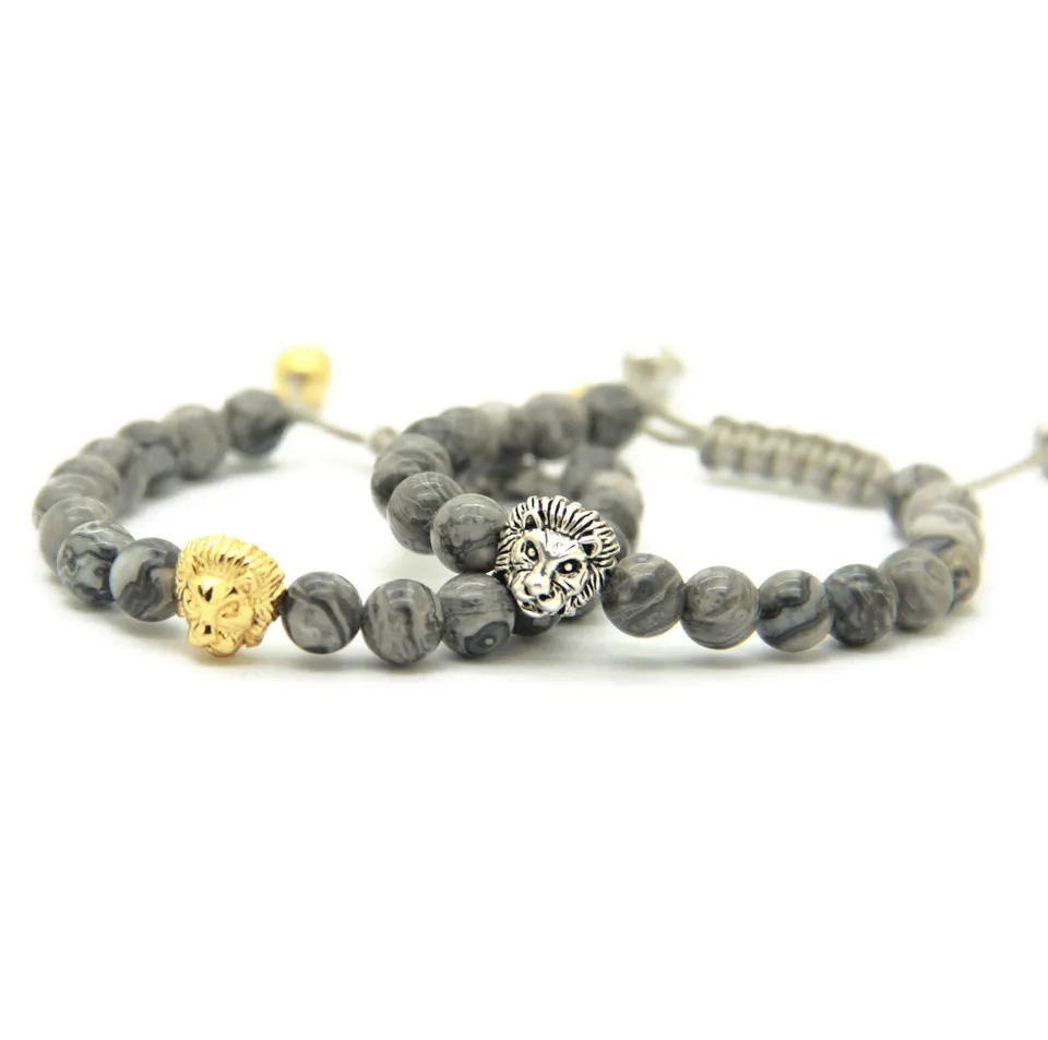 Retail Men's Bracelets 8mm Stone Beads Gold Silver Plated Lion Head Braiding Bracelets