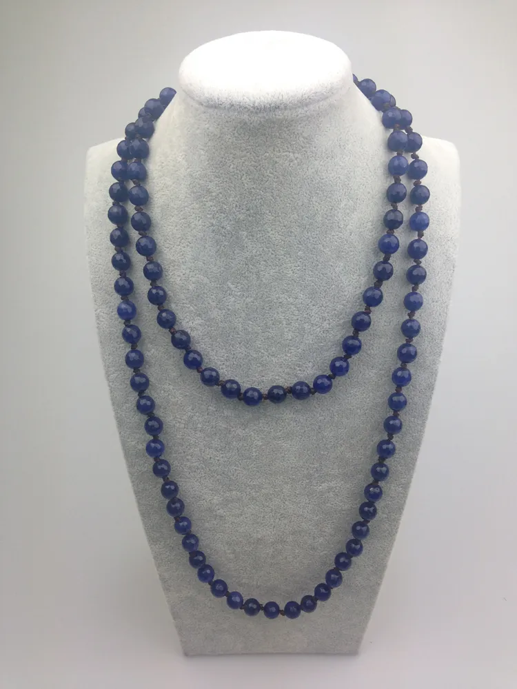 ST0001 8mm agate bleu foncé Facted perle 42 pouces noué Long fait à la main colliers collier en pierre pour les femmes