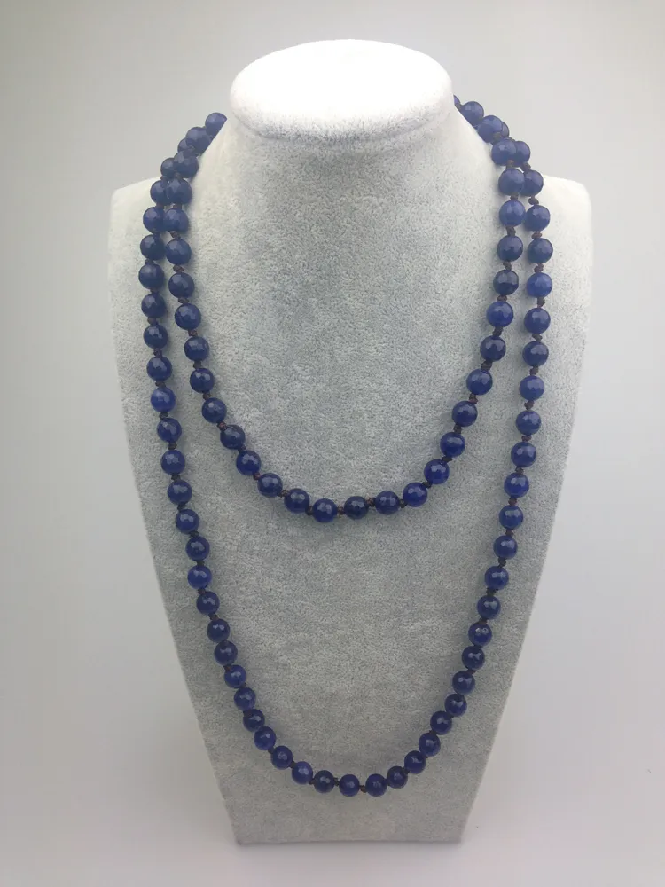 ST0001 8mm Dark Blue Agate Facted Bead 42 Cal Wiązany długie ręcznie wykonane naszyjniki Kamień naszyjnik dla kobiet