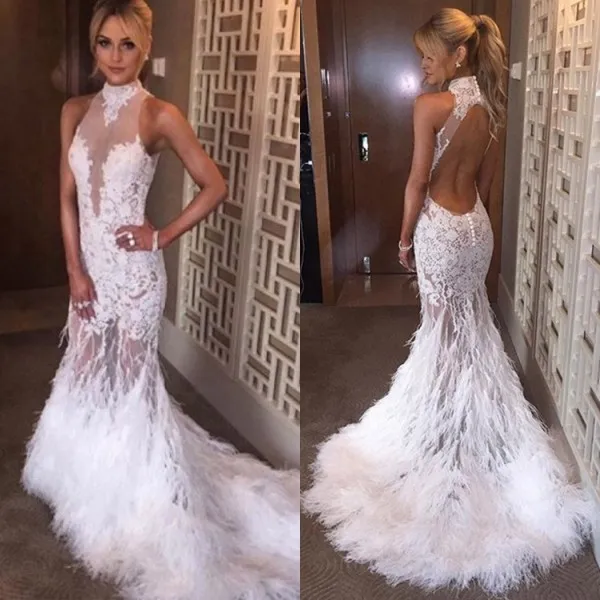 Robe de bal sexy en plumes blanches, col haut, illusion de licou, transparente, avec des appliques en dentelle, dos nu, robes de soirée, superbe robe formelle