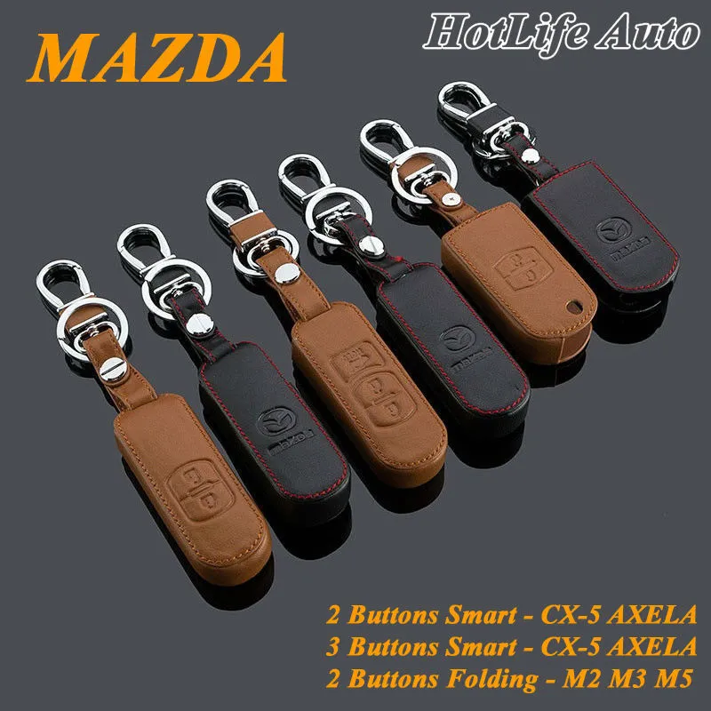 Genuine Leather Car Keychain MAZDA 2 3 5 6 CX-5 CX-7 Axela Atenza Car Key Case Cover Smart Remote Car Key Chain Rings