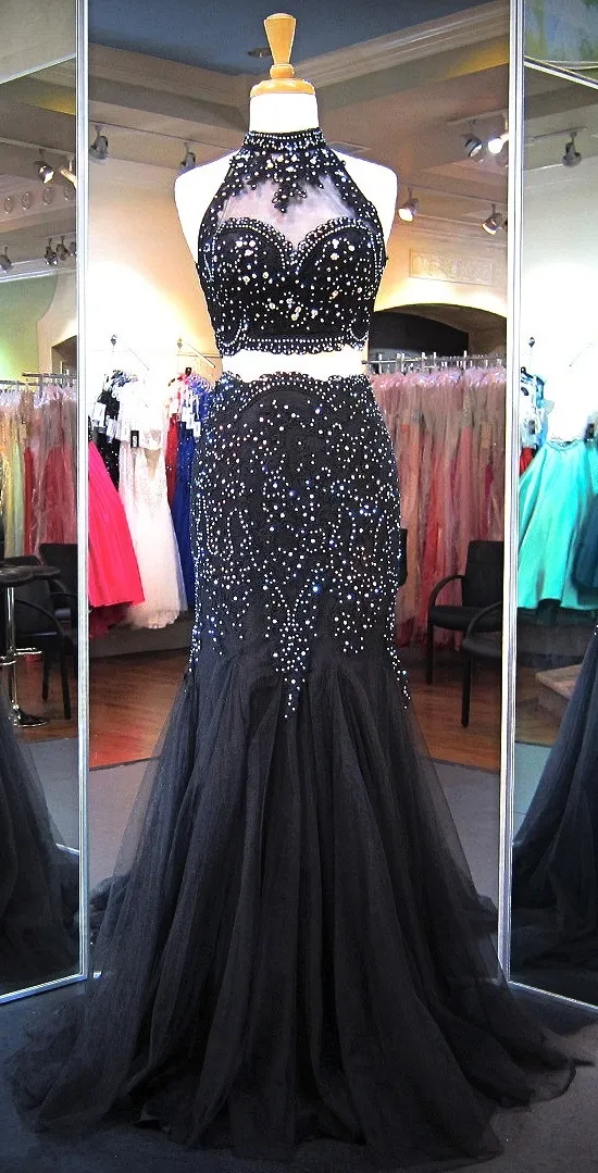 Black Two Piece Mermaid Prom Dress 2023 Lace Applique Sheer High Neckline Beaded Tulle Backless Sexy Formal Dresses Evening Wear Real Photo