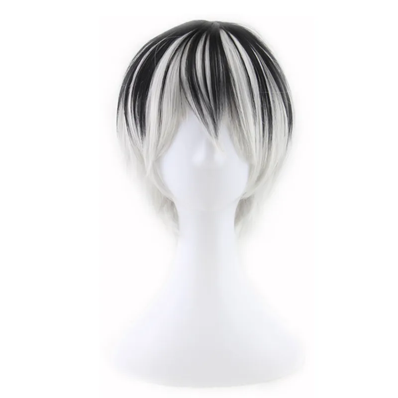 Woodfestival Natuurlijke Hittebestendige Anime Pruik Korte Straight Hair Two Tone Black and White Synthetic Pruiken Fiber Cosplay