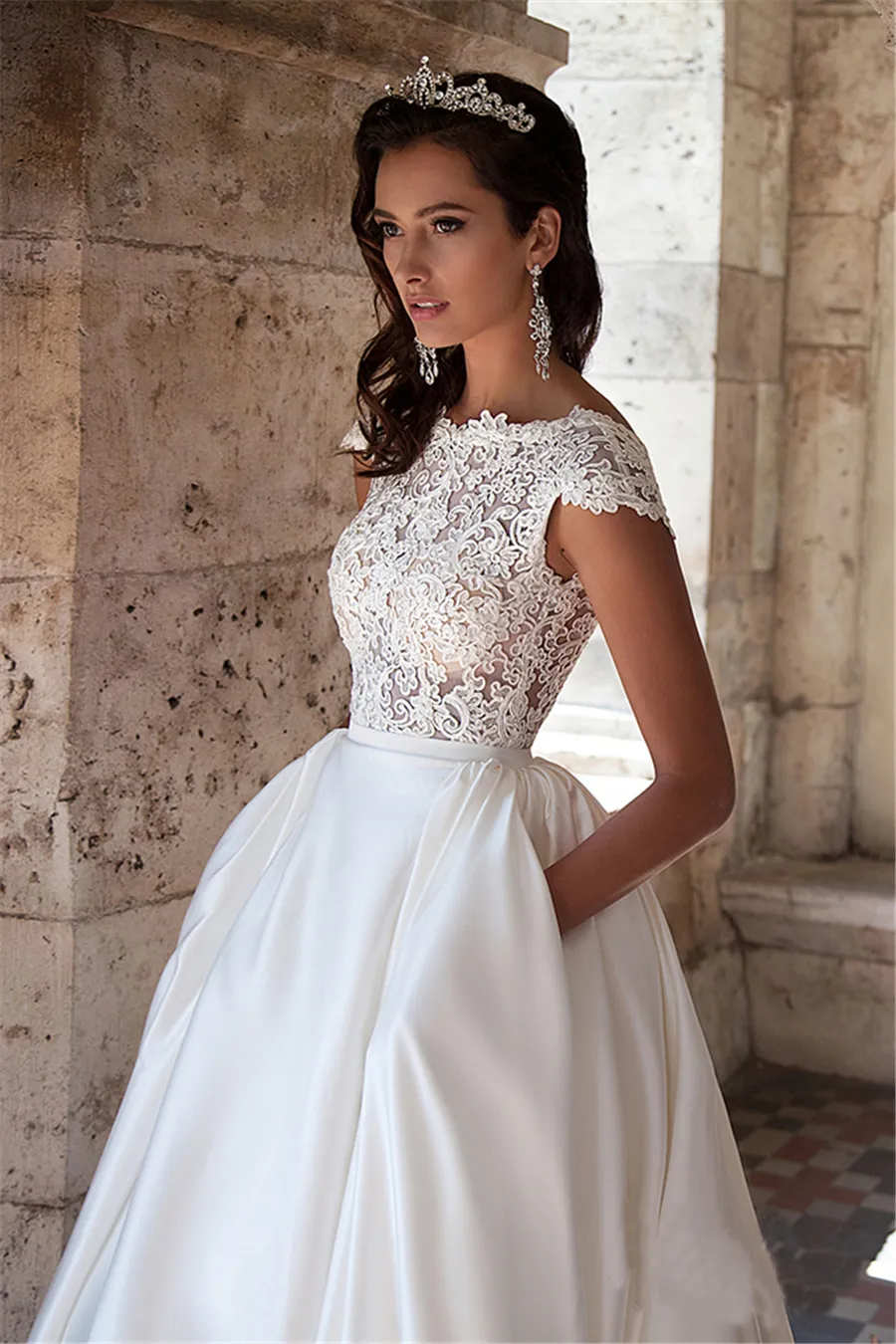 Elegant A Line Satin Bridal Gown with Sheer Lace Top High Neck Backless Design and Pockets
