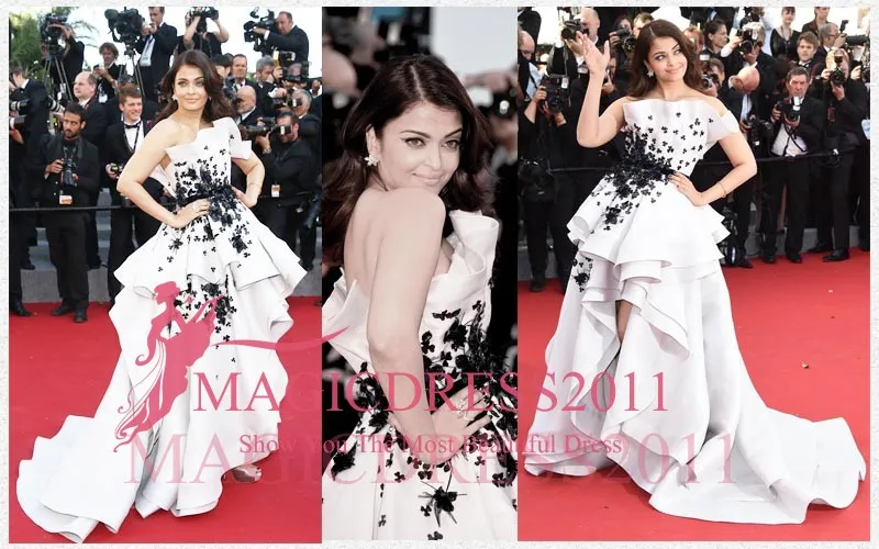 Aishwarya Rai 2019 A-Line Strapless White and Black Lace Evening Gown with  Puffy Skirt