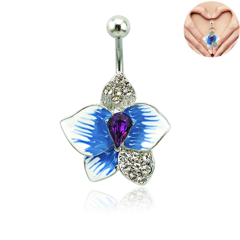 Marque Nouveau Nombril Anneaux En Acier Inoxydable 316L Barbells Bleu Émail Fleur Nombril Piercing Bijoux276J