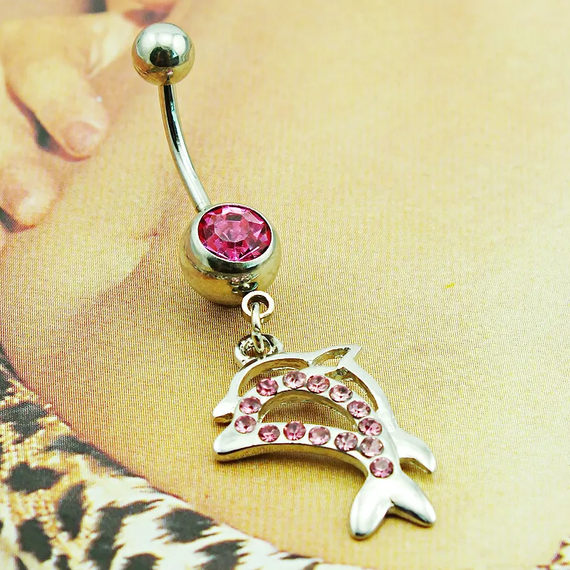 Bijoux De Corps Mode Belly Anneaux En Acier Inoxydable 316L Barbell Dangle Double Dauphin Navel Piercing Bijoux