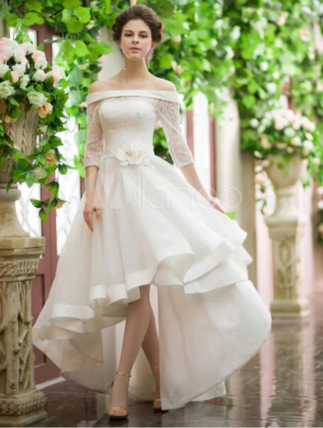 Fabulous A-Line Wedding Dresses Bateau Asymmetrical 3/4 Long Illusion Sleeve Lace and Organza Bridal Gowns