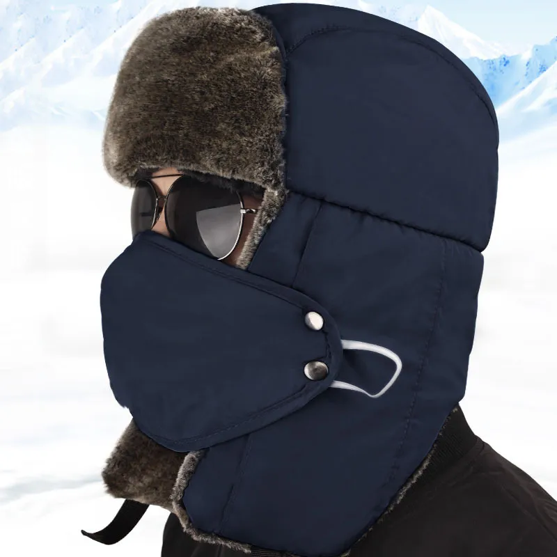 Vintage Winter Katoenen bonthoed Bomber Hats voor mannen Women houden warme oordlap Dikke Balaclava Skull Ski Caps met Mask Unisex Trappe2663