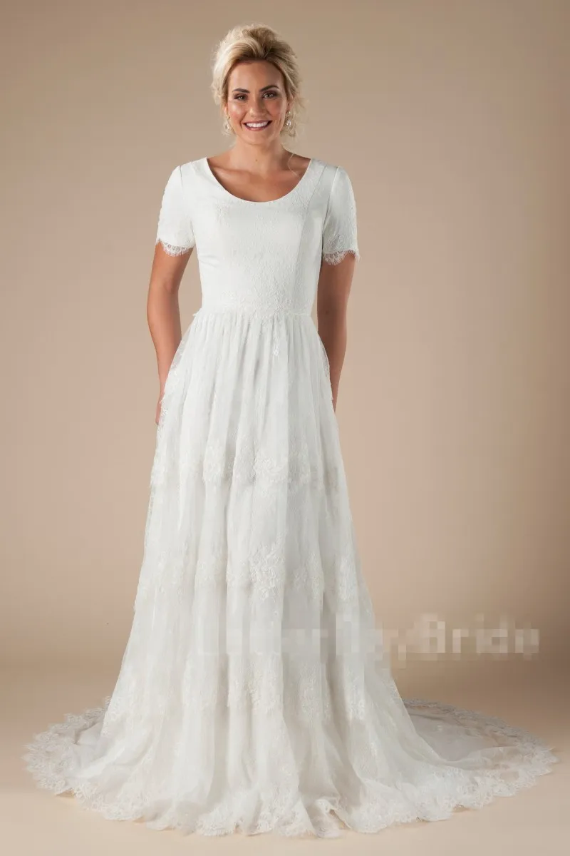 Nieuwe vintage boho kant bescheiden trouwjurken met korte mouwen A-lijn eenvoudige tempel LDS bruidsjurken Custom Made Couture Custom Made