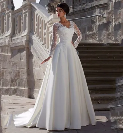 2019 modesto manga longa vestidos de casamento scalloped v pescoço uma linha laço de marfim e cetim vestidos de novia vestidos nupciais feitos por china