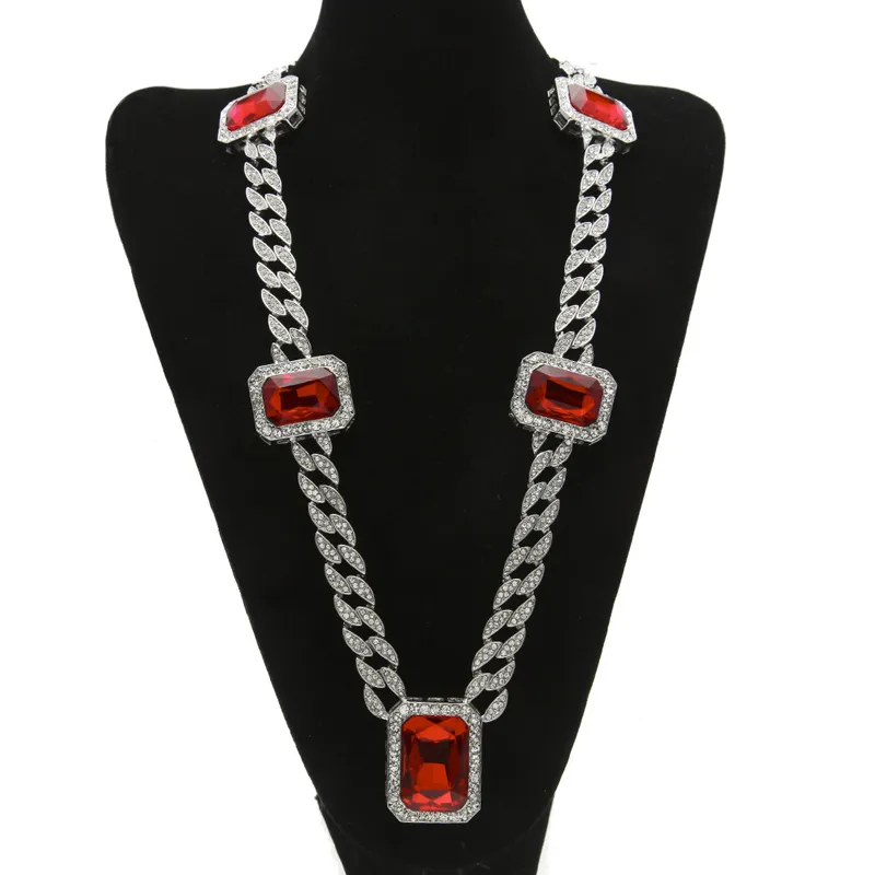 Exagéré Lourd Extra-grossier MIAMI CUBAN LINK Rouge Gemme Pendentif Longues Chaînes Collier Hommes À La Mode Hip Hop Diamante Joyas 76cm Or Argent