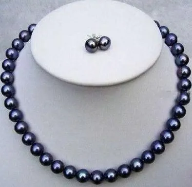 Colliers de perles à la mode, 8-9mm, collier de perles noires des mers du sud, 18 pouces, fermoir en argent 925, boucles d'oreilles 2527