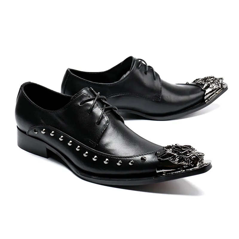 Big Size 38-46! Men's Leather Shoes Black Genuine Leather with Rivets Leather Shoes Oxford Men Designer Shoes for Men Fashion Pointed Toe