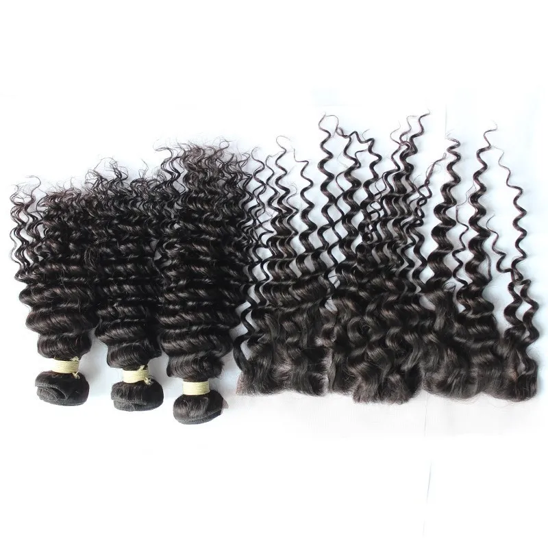 Brasiliana capelli umani tesse con chiusura frontale in pizzo 13 * 4 economici 100% non trasformati profonde capelli fasci di capelli e orecchio all'orecchio full frontals