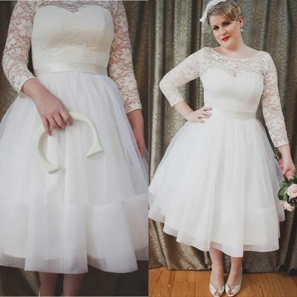 Stunning Plus Size Vintage Wedding Dress A Line Informal Tea Length Bridal Gowns Sheer Neck Illusion Lace Long Sleeves Brides Wear Sash