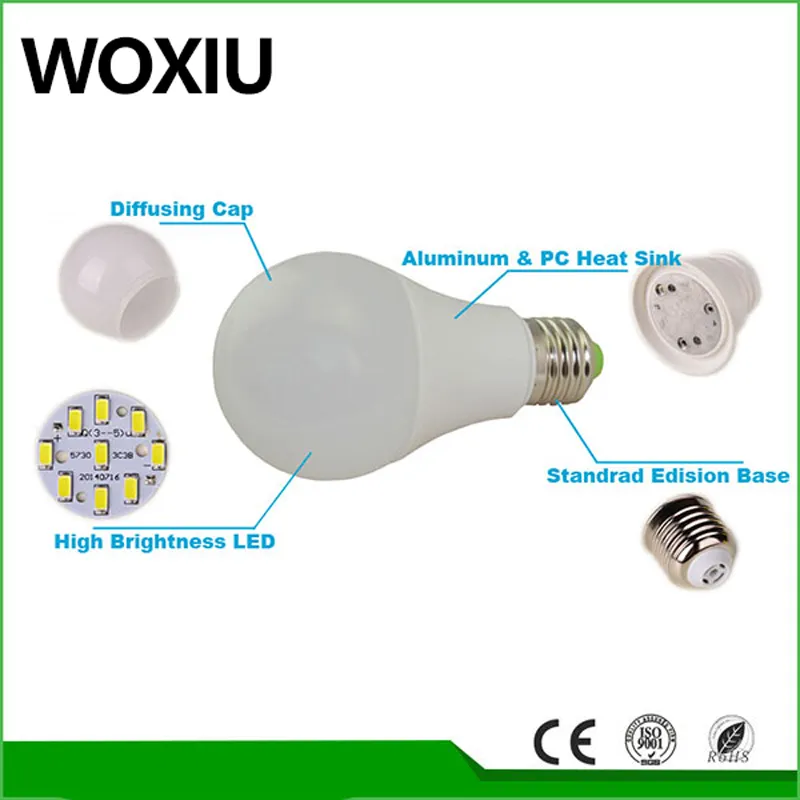 WOXIU aluminium plastique blanc 9W 12w 15w led ampoule haute lumens lampe étanche lumière du jour lustre source de lumière