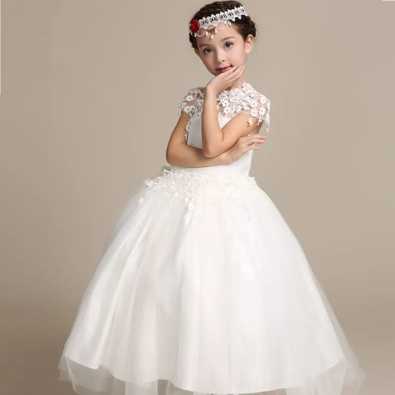 Elegantes Blumenmädchenkleid Lange Spitze Prinzessin Kleider Kinder Weißes Kleid Für Mädchen Hochzeit Party Vestido Baby Taufe Kleider