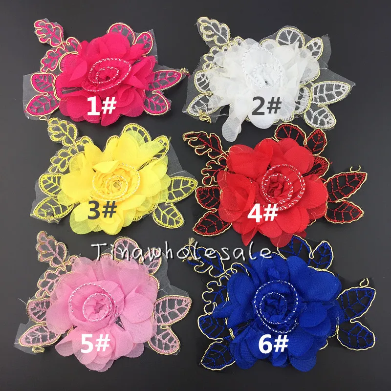 Sommarstil Chiffon Lace Patch Blomma med guldblad för barntillbehör Spädbarn Baby Hair Clips