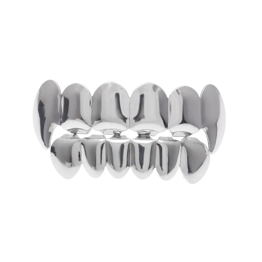 Set di denti Hip Hop placcati in argento placcato oro 14 carati Grillz Top Bottom Grill uomo * NUOVA ALTA QUALITÀ !!