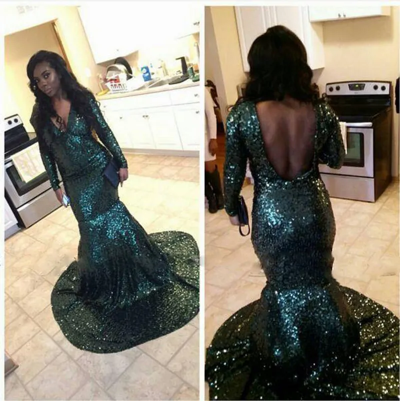 African Custom Made Cekiny Tkaniny Sparkownie Black Girl Prom Suknie Wieczór Z Długim Rękawem Plus Size Vecks Backless Mermaid Party Dress